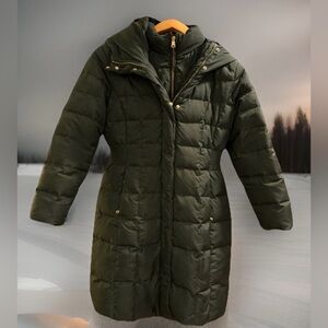 Cole Haan Dark Olive Quilted Long Puffer Coat